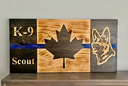 Personalized K9 Blue Thin Line Wooden Canada Flag | Police | Officer | First Responder | K-9 | Dog