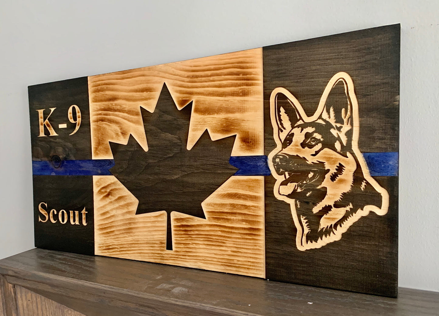 Drapeau du Canada en bois K9 Blue Thin Line personnalisé | Police | Officier | Premier intervenant | K-9 | Chien