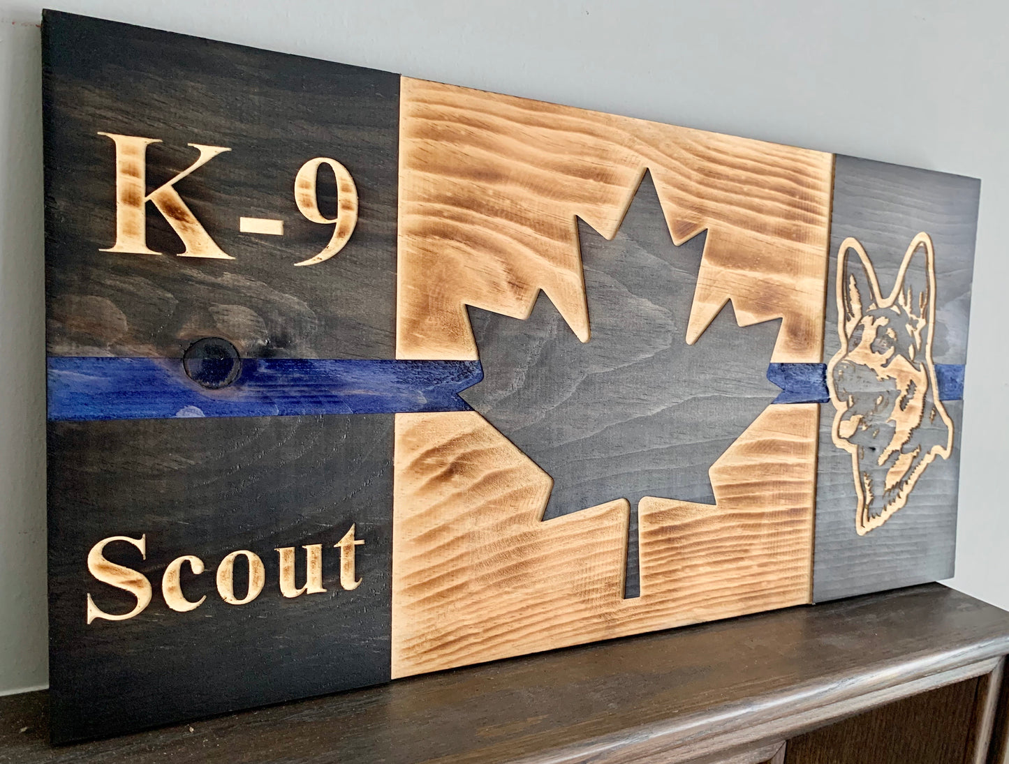 Personalized K9 Blue Thin Line Wooden Canada Flag | Police | Officer | First Responder | K-9 | Dog