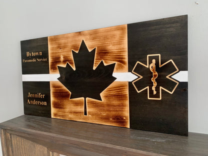 Personalized Star of Life White Thin Line Wooden Canada Flag | Nurse | Doctors | Medical | EMS