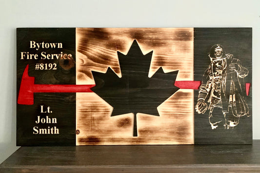 Personalized Firefighter Red Thin Line/Axe Wooden Canada Flag | Fire Department | Fire Service | First Responder