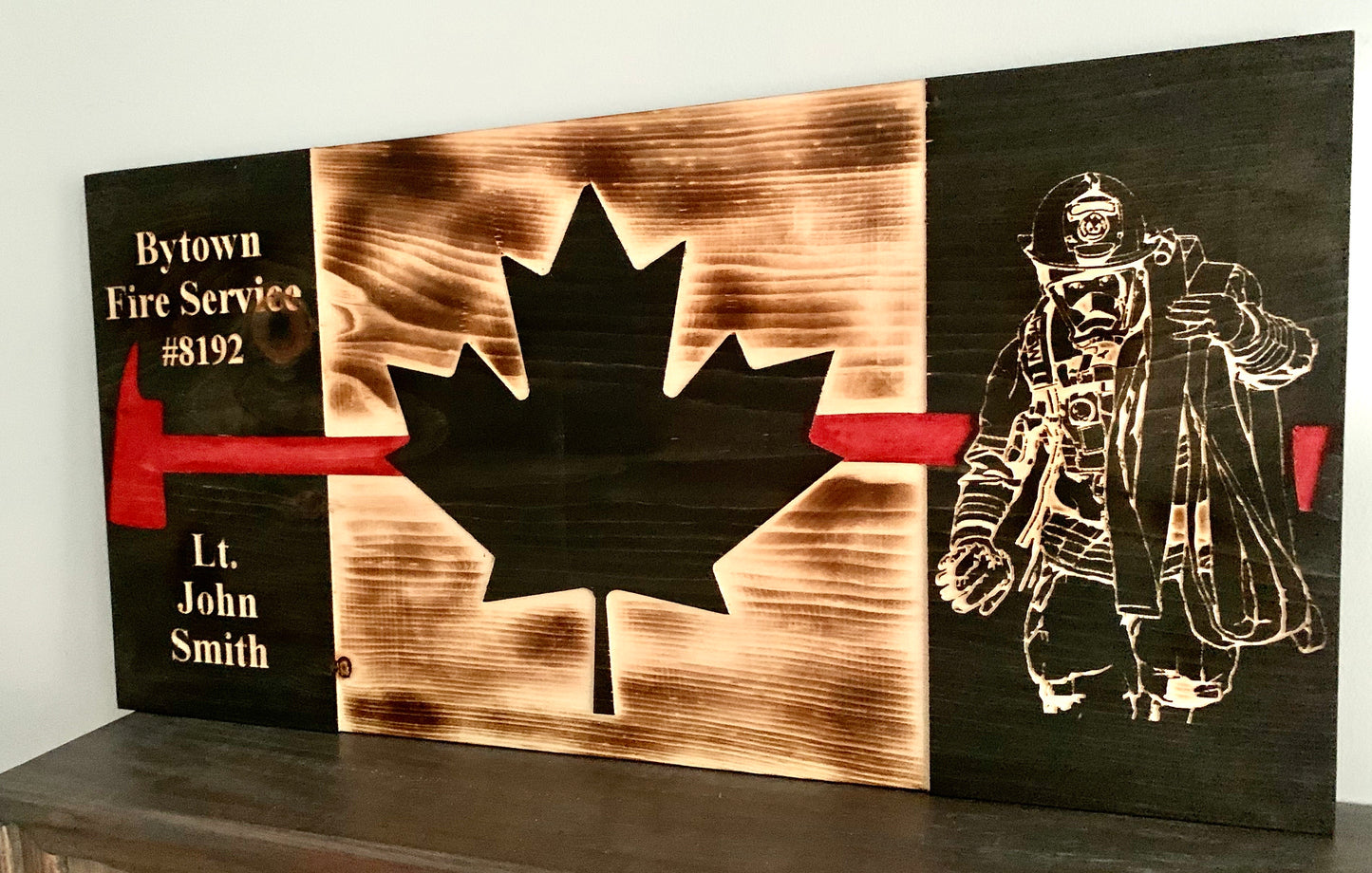 Personalized Firefighter Red Thin Line/Axe Wooden Canada Flag | Fire Department | Fire Service | First Responder