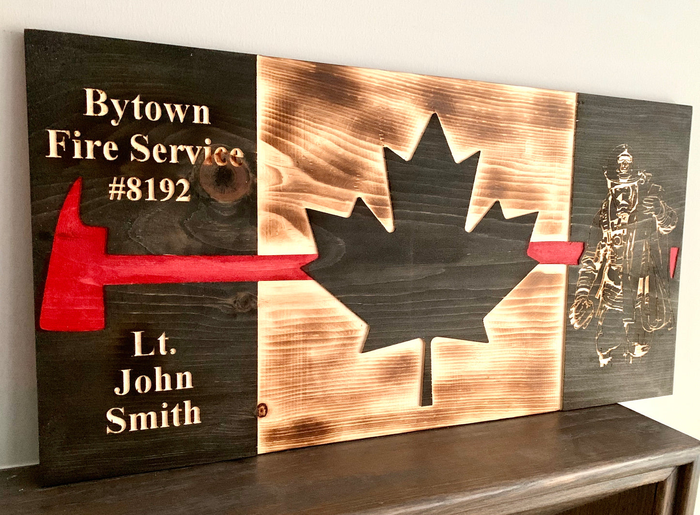 Personalized Firefighter Red Thin Line/Axe Wooden Canada Flag | Fire Department | Fire Service | First Responder