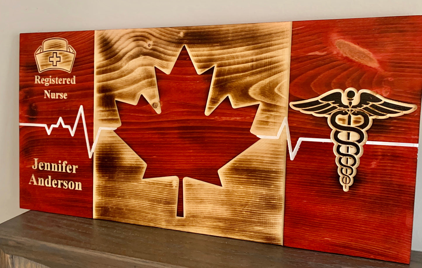 Personalized Caduceus & ECG Wooden Canada Flag | White Thin Line | Nurses | Doctors | Medical