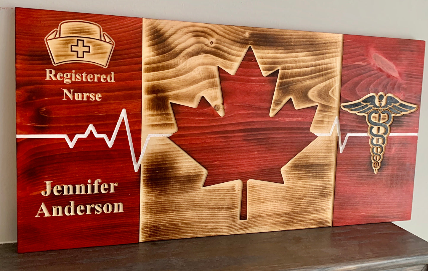 Personalized Caduceus & ECG Wooden Canada Flag | White Thin Line | Nurses | Doctors | Medical