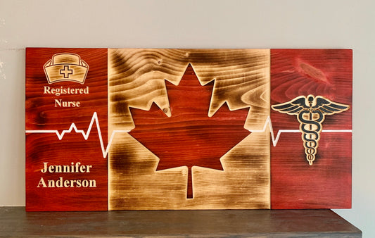 Personalized Caduceus & ECG Wooden Canada Flag | White Thin Line | Nurses | Doctors | Medical