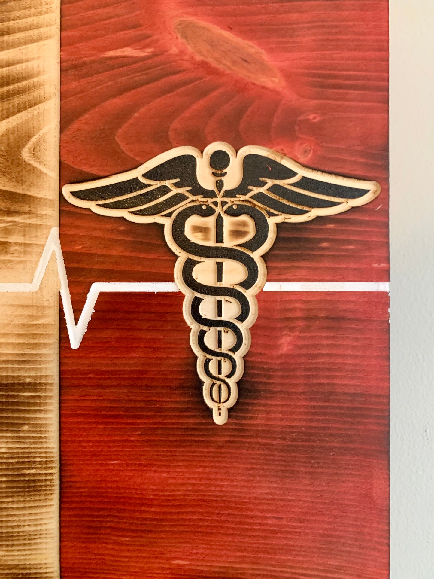 Personalized Caduceus & ECG Wooden Canada Flag | White Thin Line | Nurses | Doctors | Medical