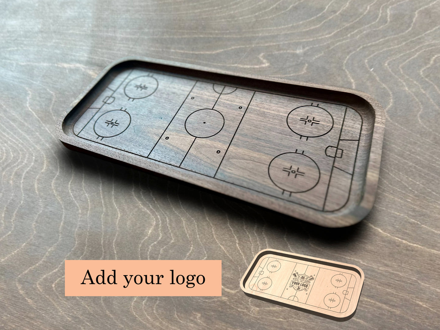 Hockey Rink Shape Hardwood Catchall Tray | Trivet | Serving Board | Charcuterie | Own Logo | Maple | Cherry | Walnut | Custom | Personalized
