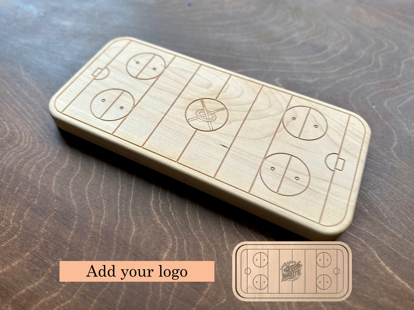 Ringette Rink Shape Hardwood Trivet | Catchall Tray | Serving Board | Charcuterie | Own Logo | Maple | Cherry | Walnut | Custom | Personalized
