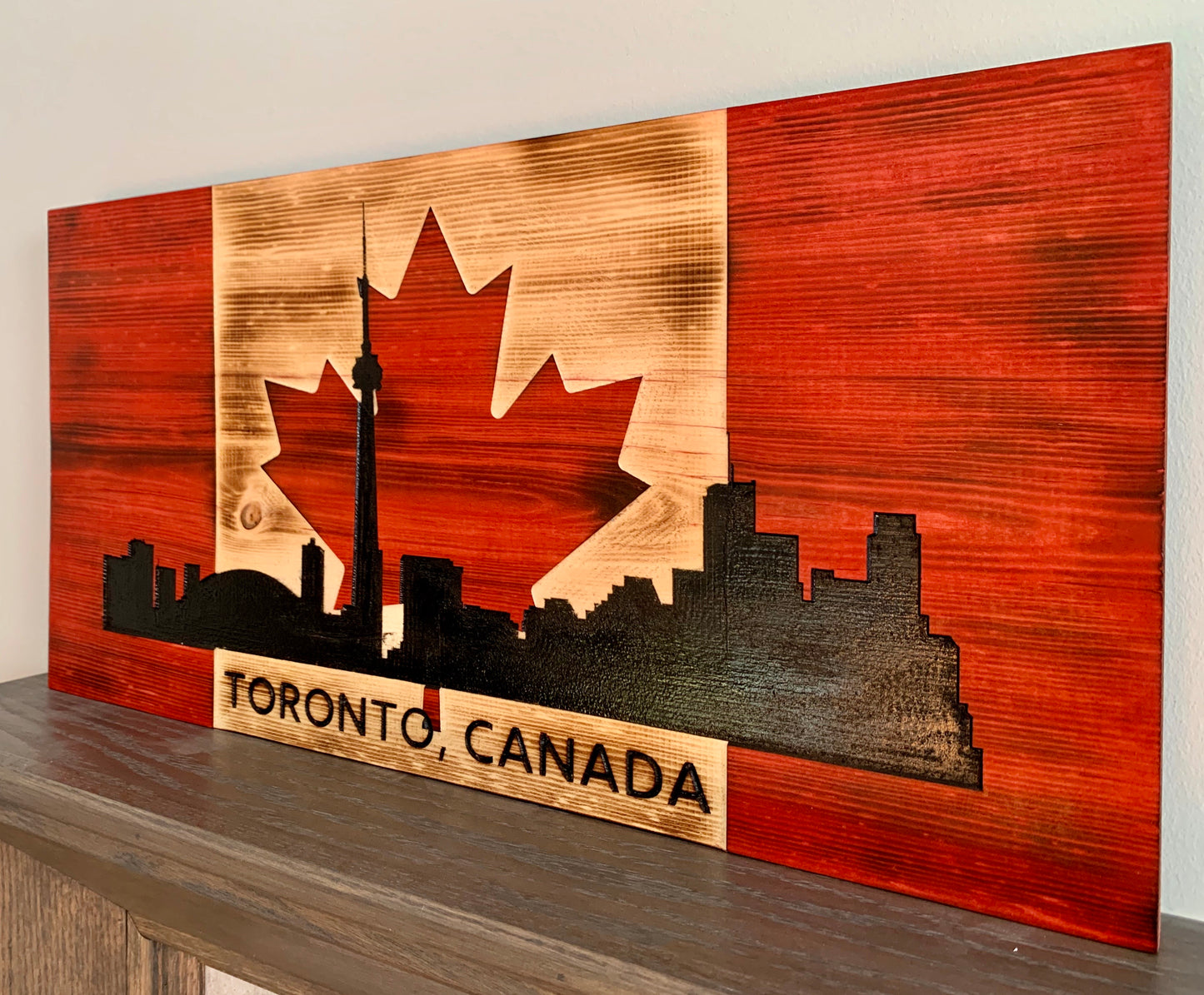 Toronto Skyline Wooden Canada Flag