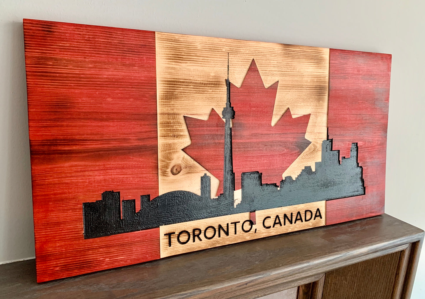 Toronto Skyline Wooden Canada Flag