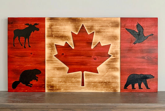 Iconic Canadian Animals Wooden Canada Flag | Moose | Beaver | Canada Goose | Polar Bear