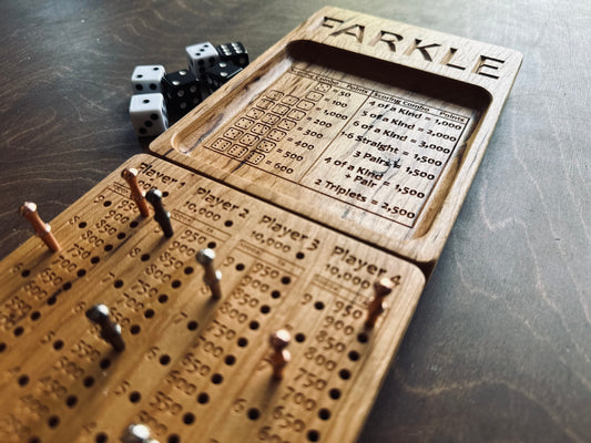 Farkle | 10 000 | Dix mille | Jeu de dés | Pliable | Format voyage | Rangement intégré | Jeu de société | Chevilles | Personnalisé | Bois dur de qualité supérieure