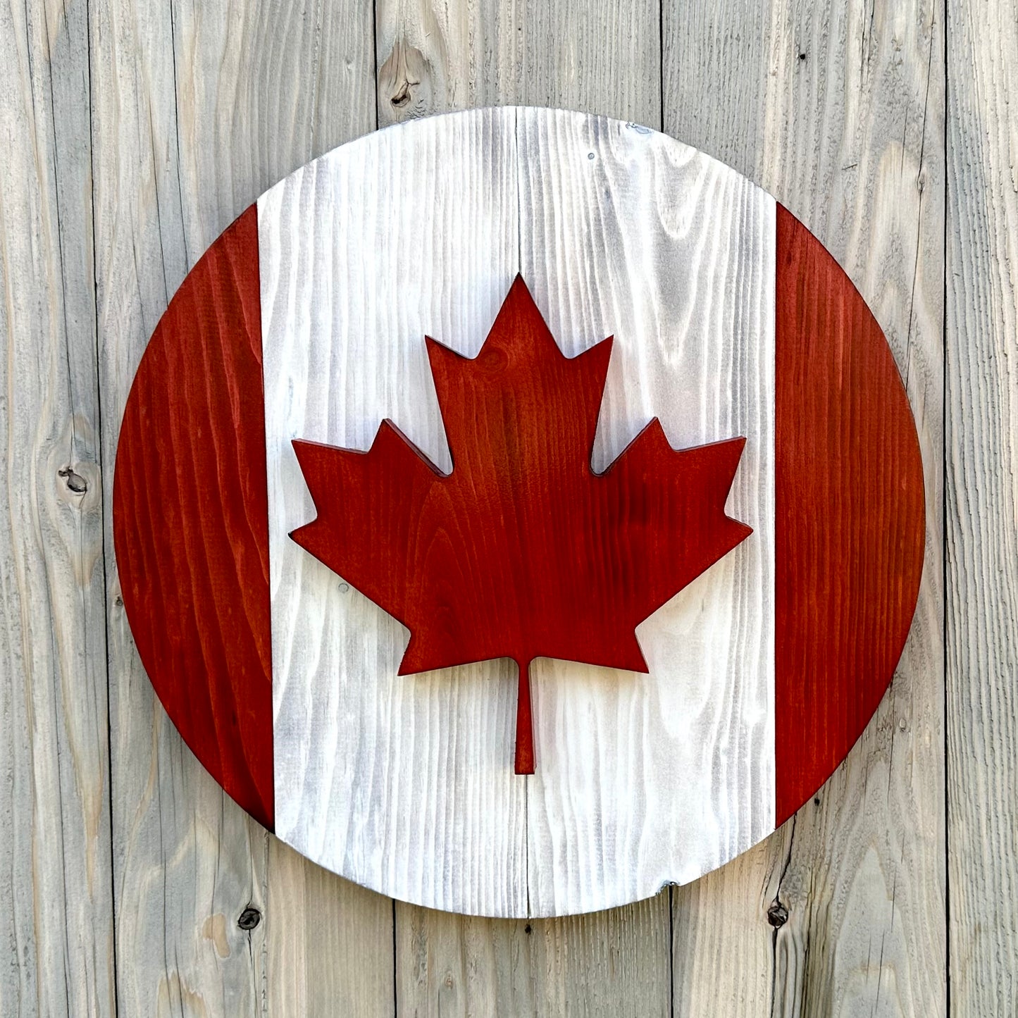 3D Round Wooden Canada Flag - Red & White