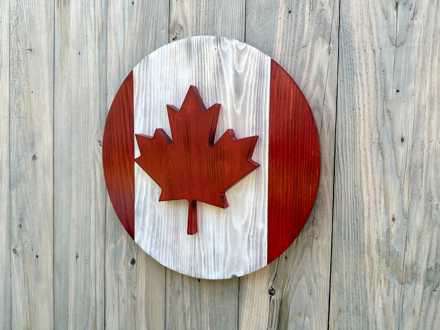 3D Round Wooden Canada Flag - Red & White