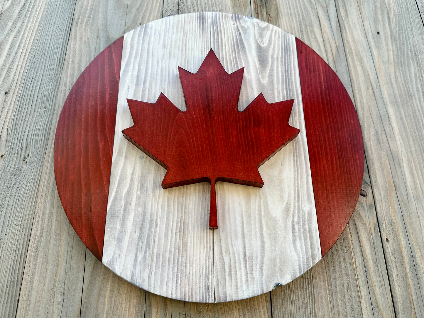 3D Round Wooden Canada Flag - Red & White