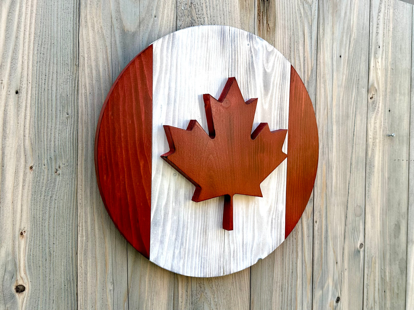 3D Round Wooden Canada Flag - Red & White