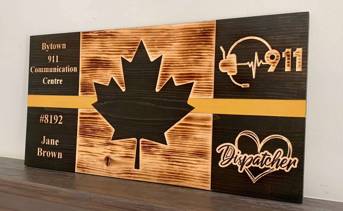 Personalized Dispatcher Yellow Thin Line Wooden Canada Flag | 911 | Emergency Response | Police | Fire Department | EMS