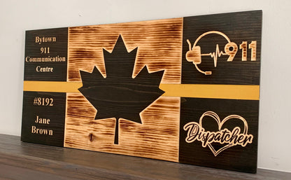 Personalized Dispatcher Yellow Thin Line Wooden Canada Flag | 911 | Emergency Response | Police | Fire Department | EMS