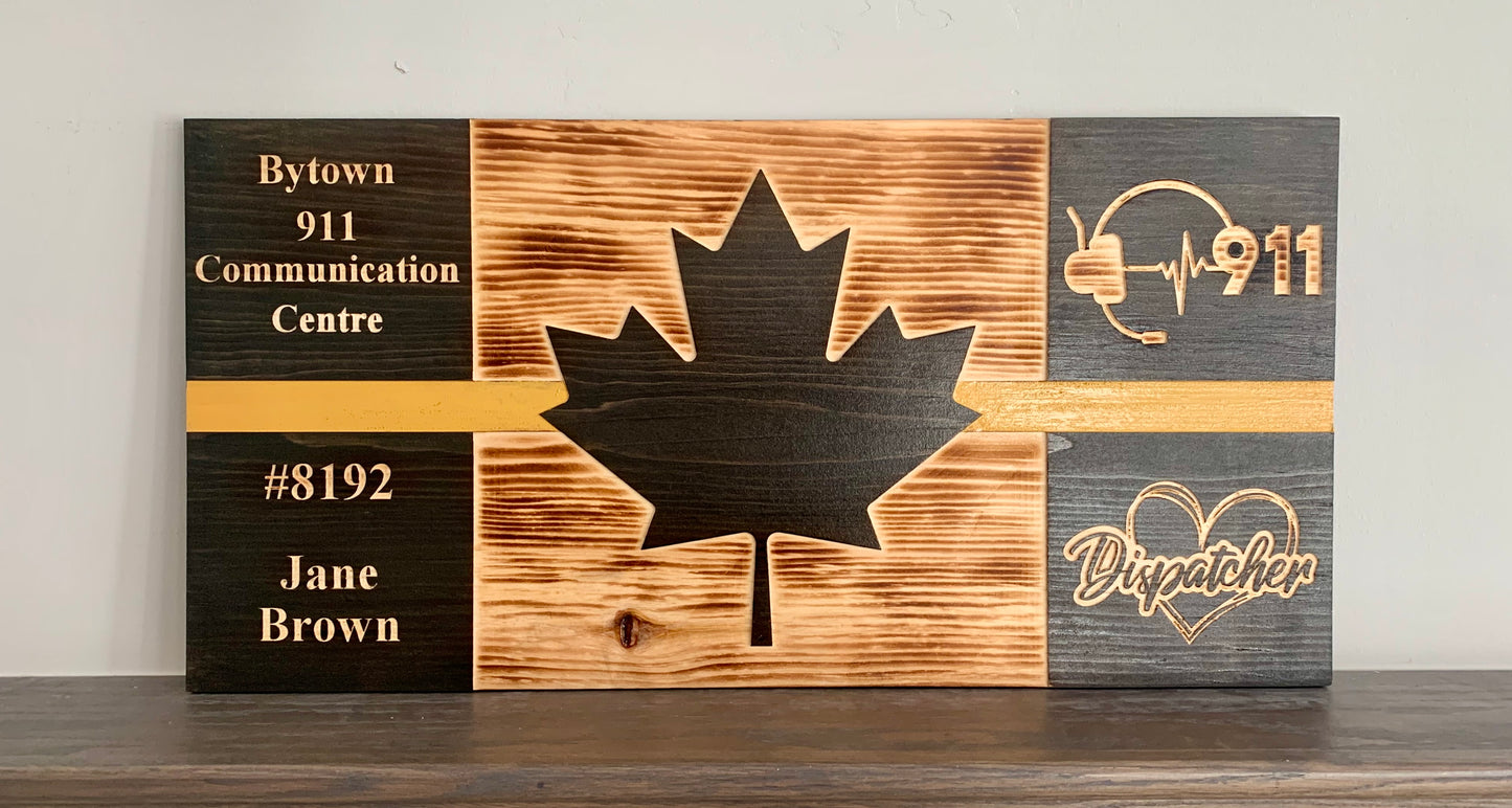 Personalized Dispatcher Yellow Thin Line Wooden Canada Flag | 911 | Emergency Response | Police | Fire Department | EMS