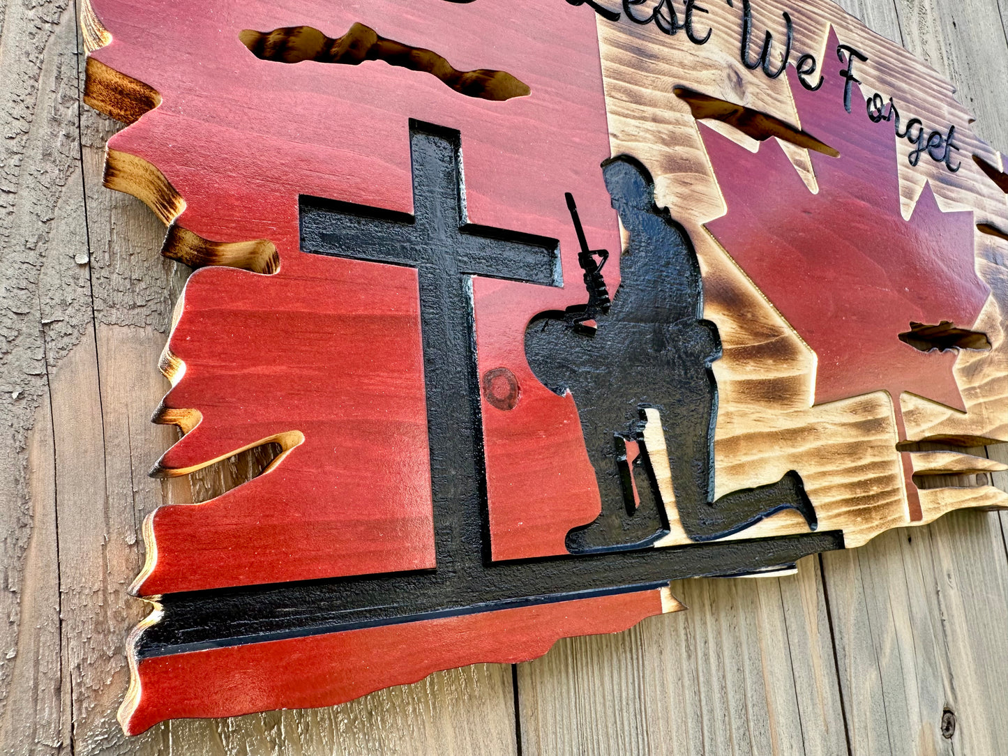 Tattered Wooden Canada Flag | Remembrance Day | Veteran | Soldier Kneeling | Cross | Poppy | Lest We Forget | Distressed - Made to Order