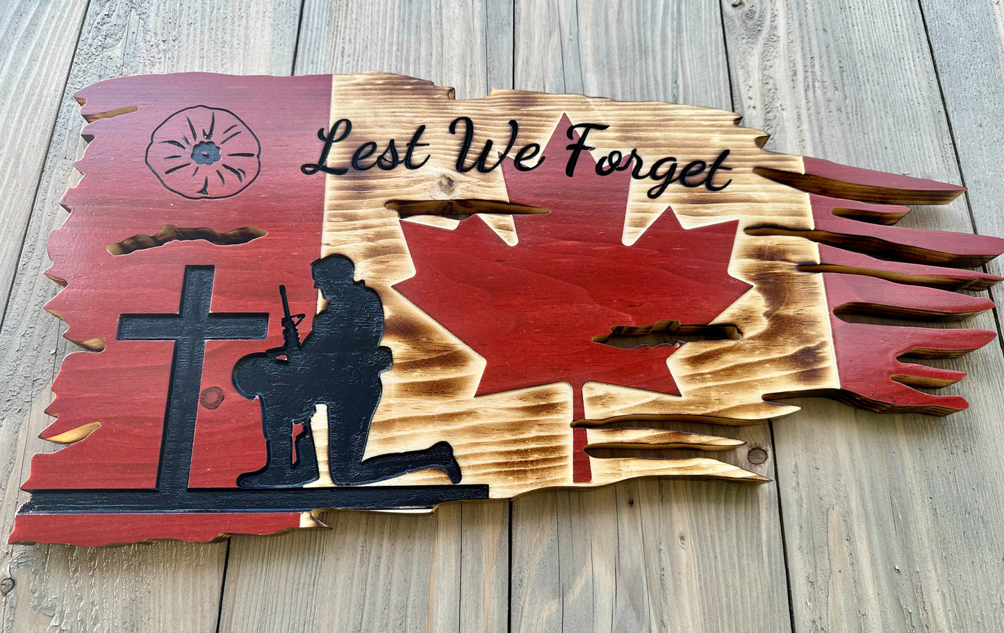 Tattered Wooden Canada Flag | Remembrance Day | Veteran | Soldier Kneeling | Cross | Poppy | Lest We Forget | Distressed - Made to Order