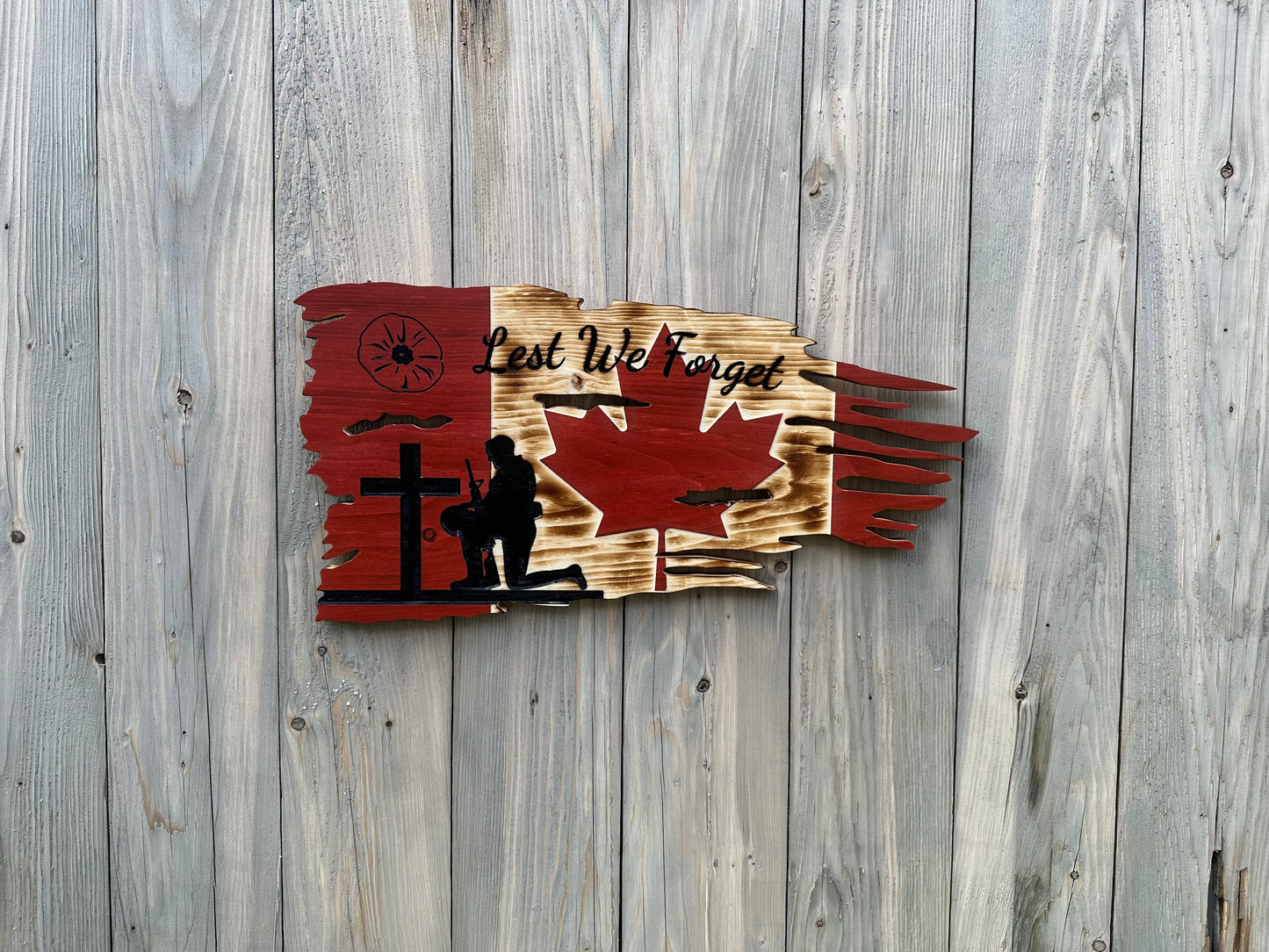 Tattered Wooden Canada Flag | Remembrance Day | Veteran | Soldier Kneeling | Cross | Poppy | Lest We Forget | Distressed - Made to Order