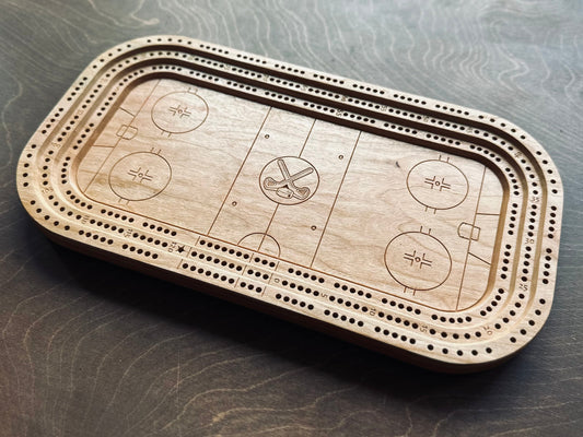 Planche de cribbage pour patinoire | Piquets métalliques | Personnalisé | Logo personnalisé | Bois dur de qualité supérieure | Bâtons et rondelles de hockey | Feuille d'érable