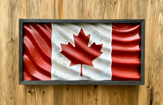 Wavy Wooden Canada Flag | Red & White with Black Frame | Wave Style 1 | 22.5 " x 11.25" | Ready to Ship