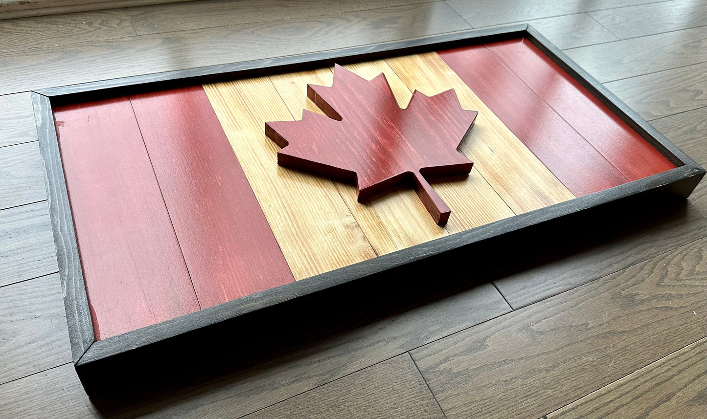 Drapeau du Canada en bois 3D – Rouge et naturel – Encadré | Ratio officiel