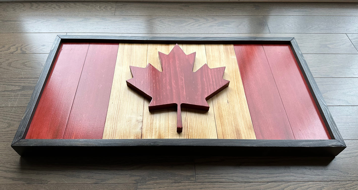 Drapeau du Canada en bois 3D – Rouge et naturel – Encadré | Ratio officiel