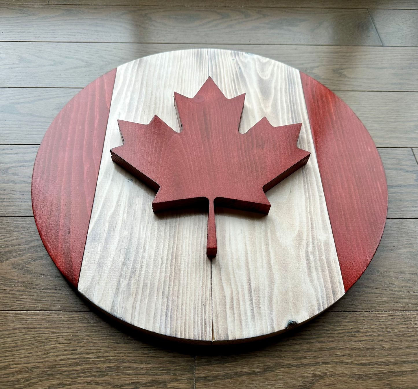 3D Round Wooden Canada Flag - Red & White