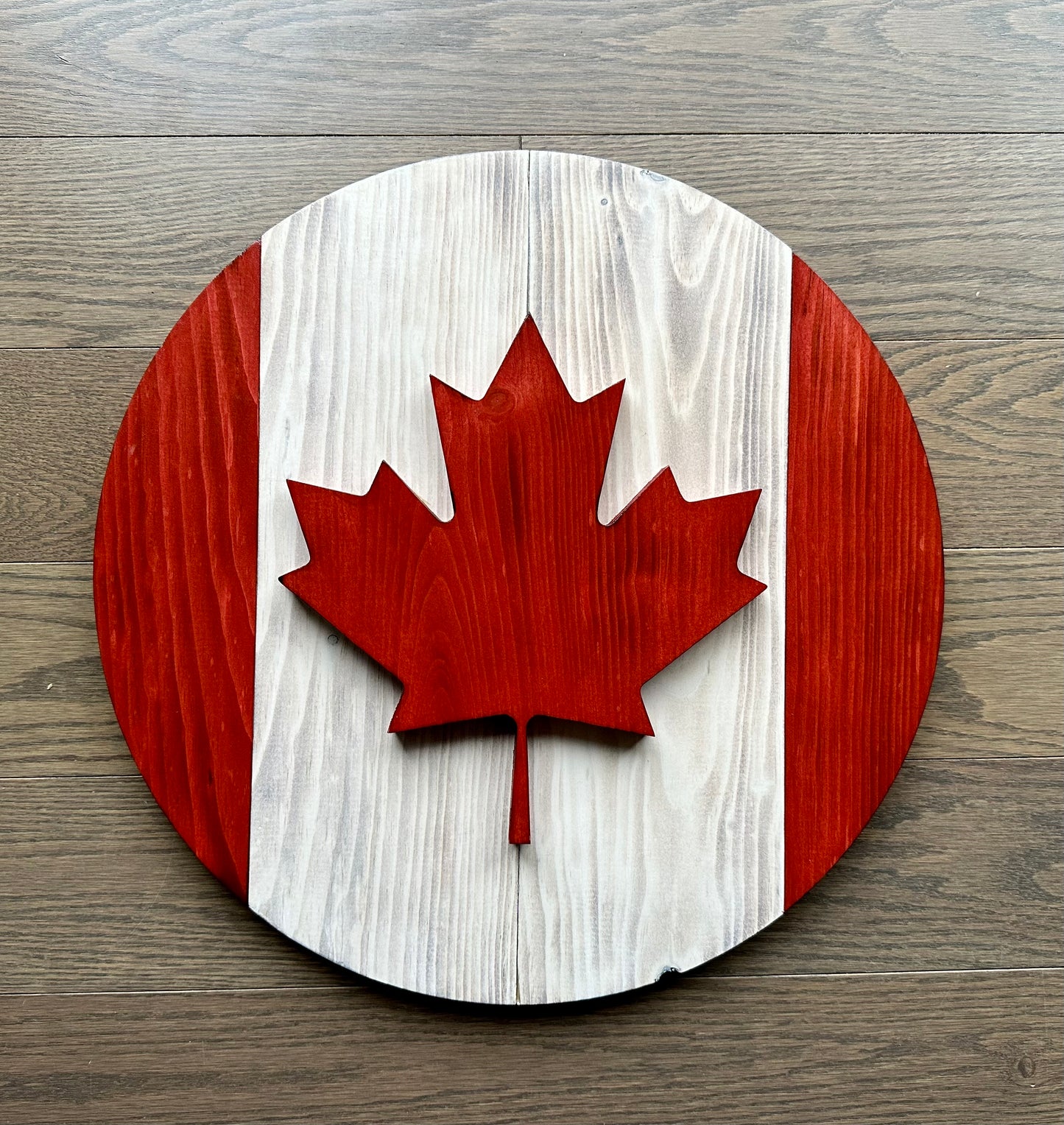 3D Round Wooden Canada Flag - Red & White