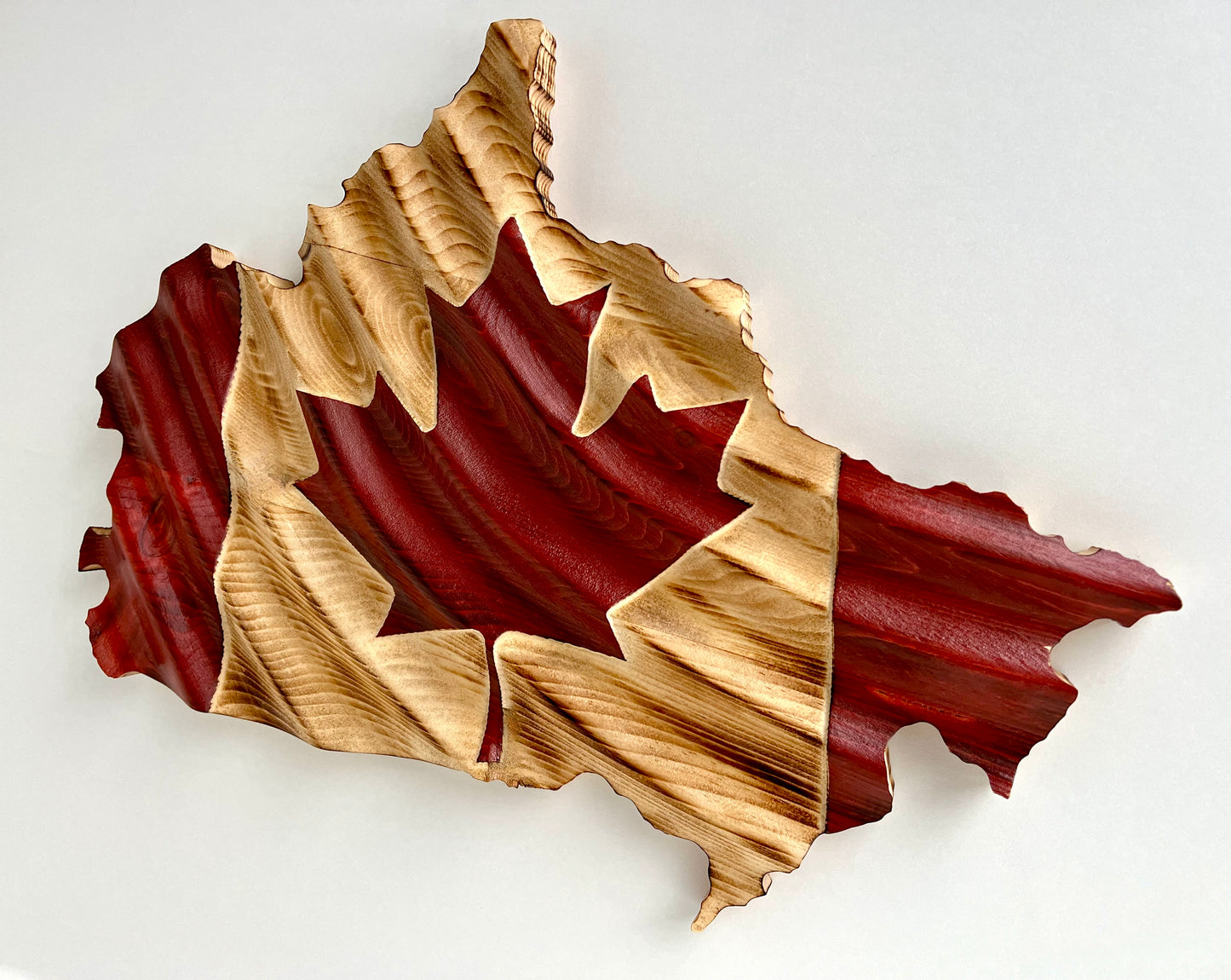 3D Wavy Wooden Canada Map Flag - Red & Natural | Canada Shape Flag