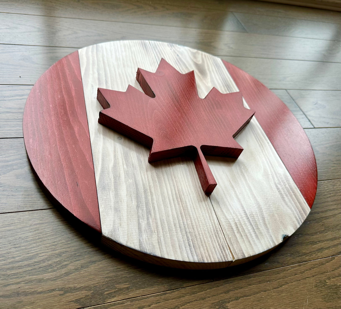 3D Round Wooden Canada Flag - Red & White