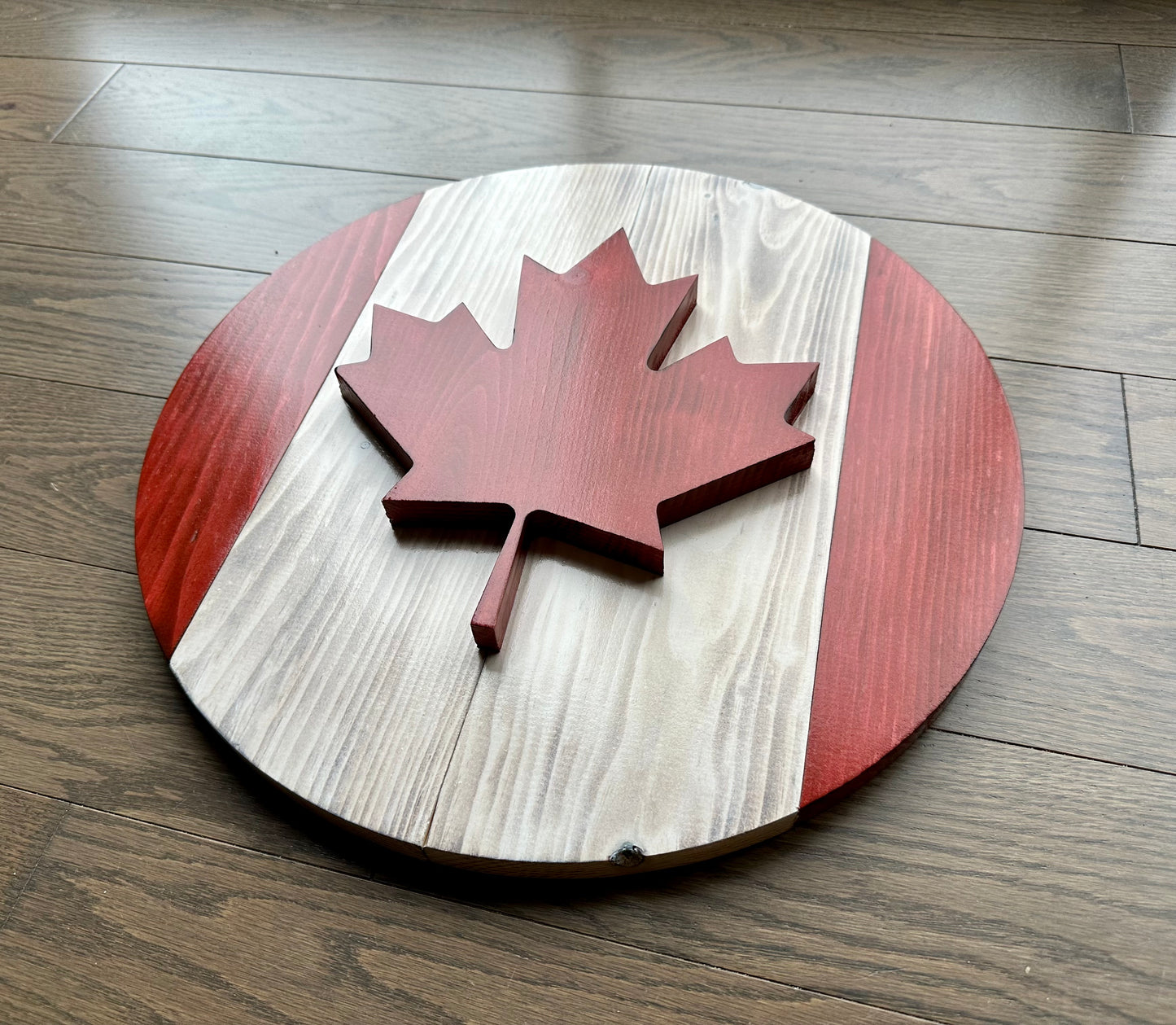 3D Round Wooden Canada Flag - Red & White