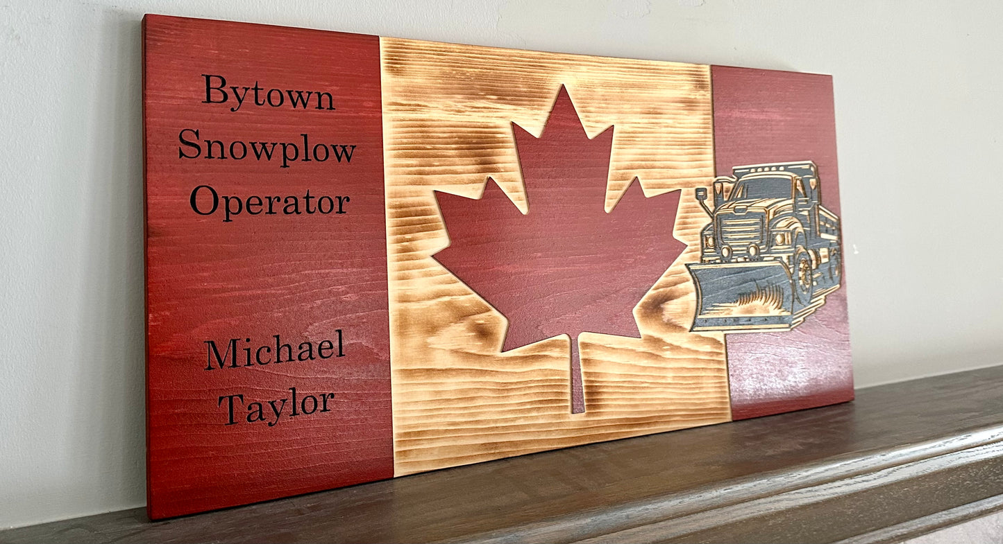 Personalized Snowplow Wooden Canada Flag | Snow Plow Operator | Canada | Wall Art | Gift | Wood Sign | Winter | Storm | Snowblower