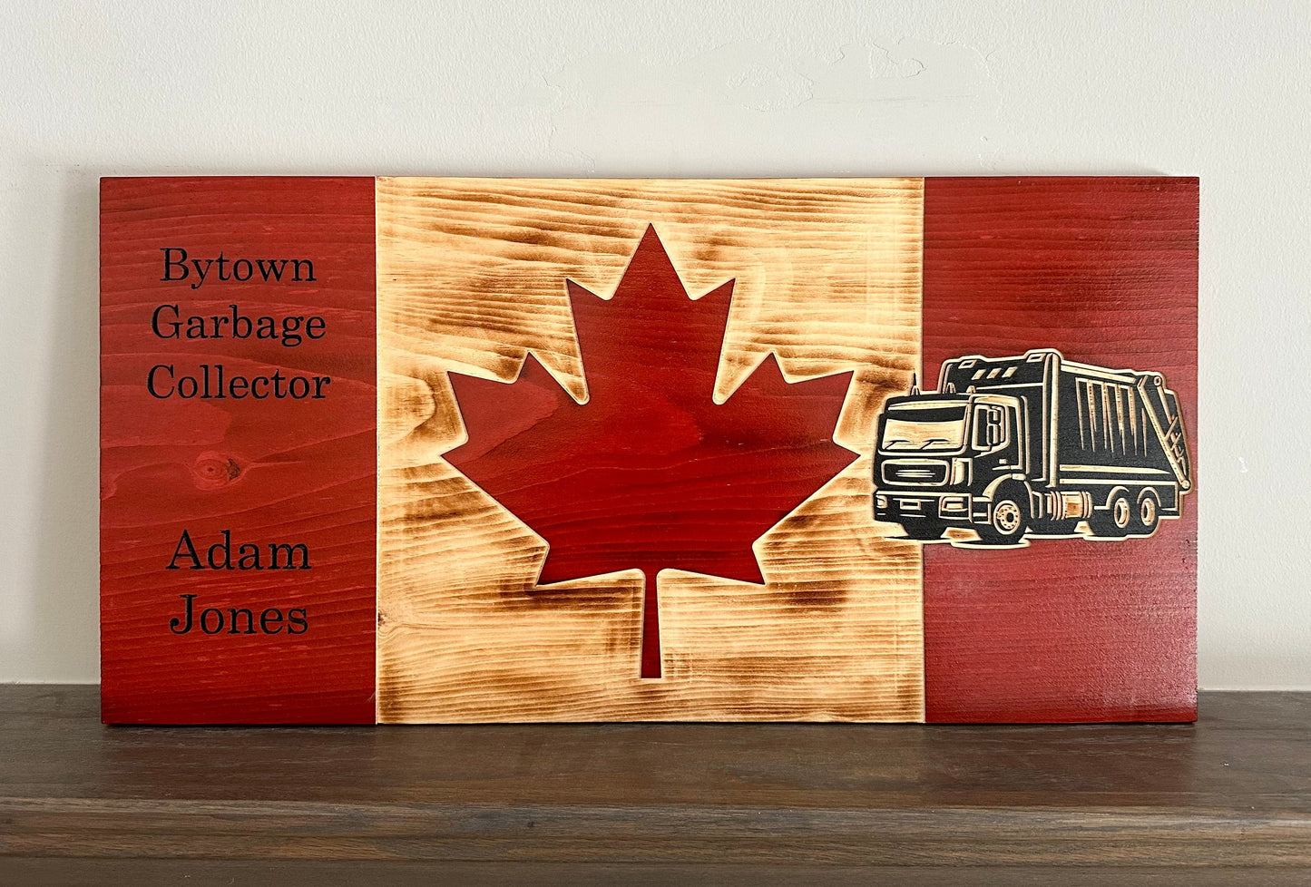 Drapeau du Canada en bois de camion à ordures personnalisé | Collectionneur | Éboueur | Trashman | Binman | Éboueur | Canada | Art mural | Cadeau | Panneau en bois