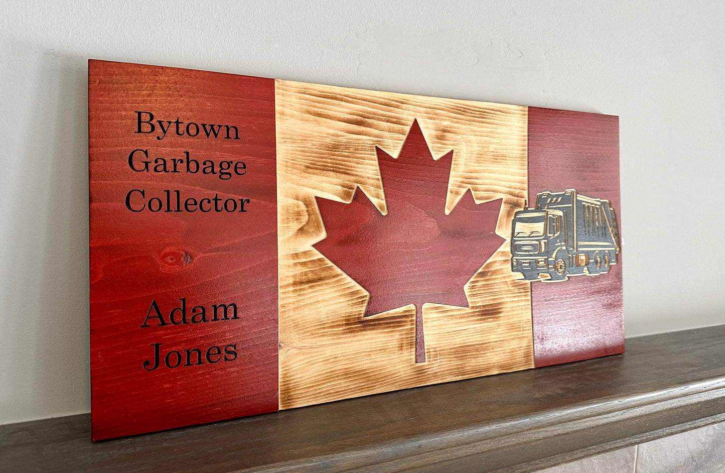 Drapeau du Canada en bois de camion à ordures personnalisé | Collectionneur | Éboueur | Trashman | Binman | Éboueur | Canada | Art mural | Cadeau | Panneau en bois