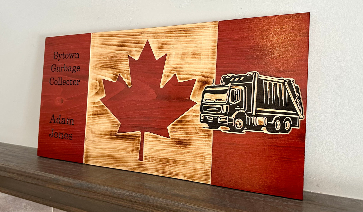 Drapeau du Canada en bois de camion à ordures personnalisé | Collectionneur | Éboueur | Trashman | Binman | Éboueur | Canada | Art mural | Cadeau | Panneau en bois