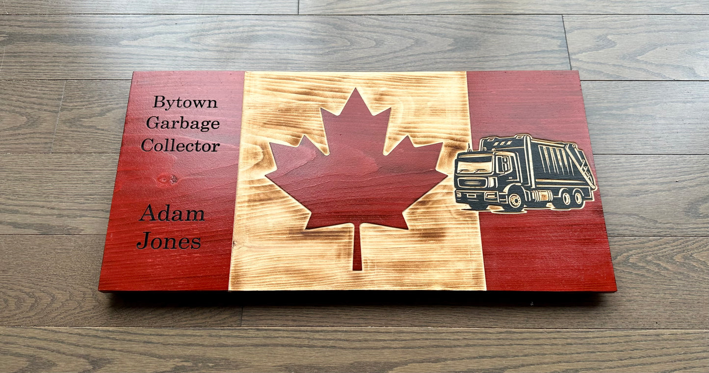 Personalized Garbage Truck Wooden Canada Flag | Collector | Garbageman | Trashman | Binman | Dustman | Canada | Wall Art | Gift | Wood Sign