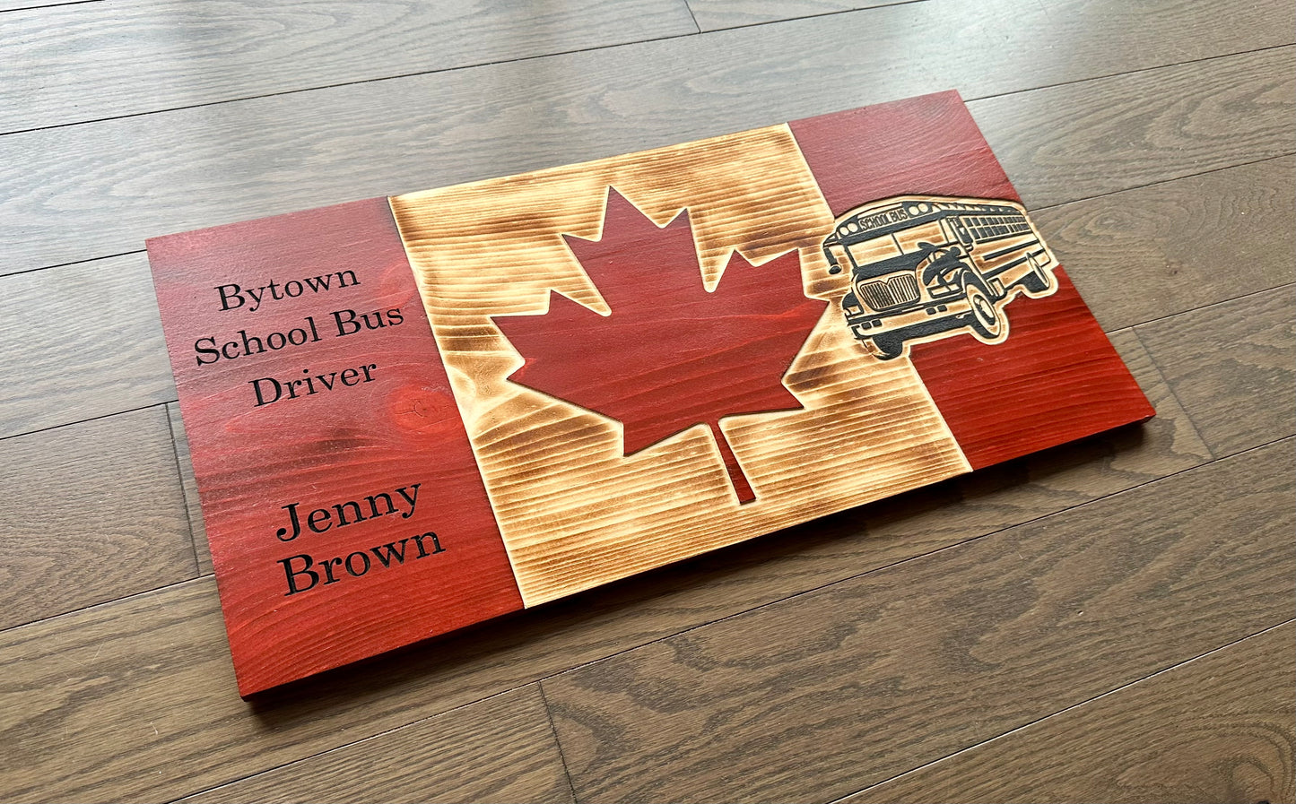 Personalized School Bus Wooden Canada Flag | Driver | Students | Transportation | Yellow | Canada | Wall Art | Gift | Wood Sign