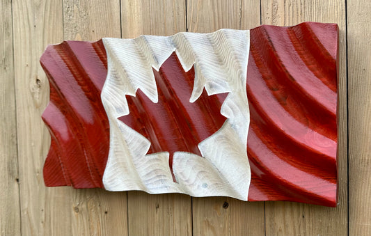 Drapeau du Canada ondulé en bois - Motif de vagues 2 - Rouge et blanc