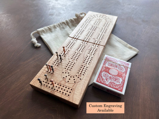 Folding Cribbage Board | 3 Tracks | Travel Size | Portable | Built-in Storage | Metal Pegs | Personalized Engraving | Premium Hardwood