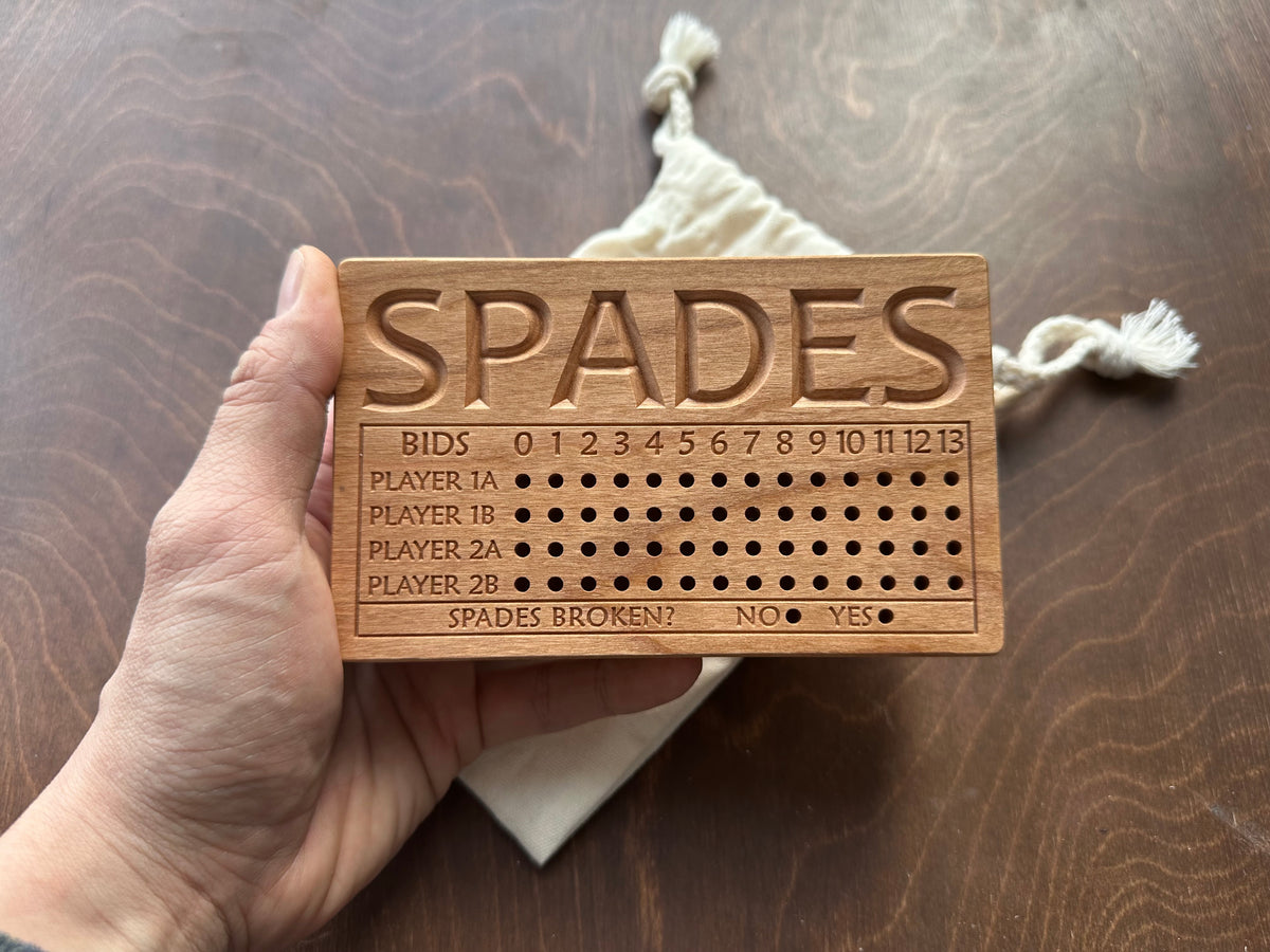 Folding Spades Score Board | Travel Size | Built-in Storage | Metal Pegs | Card Game | Personalized | Custom Engraving | Solid Cherry Wood