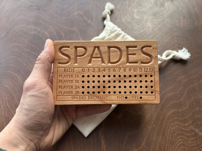 Folding Spades Score Board | Travel Size | Built-in Storage | Metal Pegs | Card Game | Personalized | Custom Engraving | Solid Cherry Wood