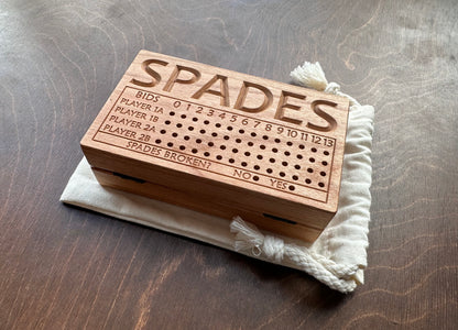 Folding Spades Score Board | Travel Size | Built-in Storage | Metal Pegs | Card Game | Personalized | Custom Engraving | Solid Cherry Wood