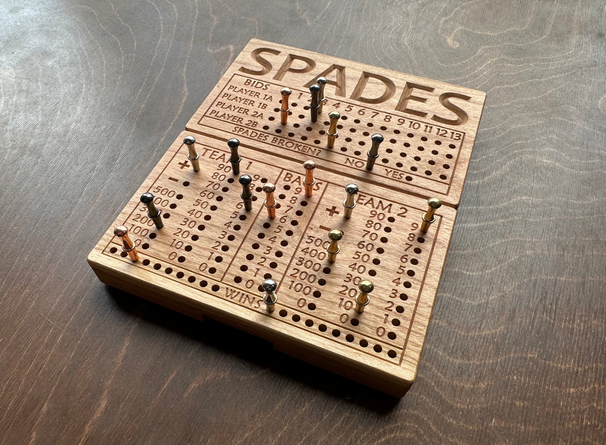 Folding Spades Score Board | Travel Size | Built-in Storage | Metal Pegs | Card Game | Personalized | Custom Engraving | Solid Cherry Wood