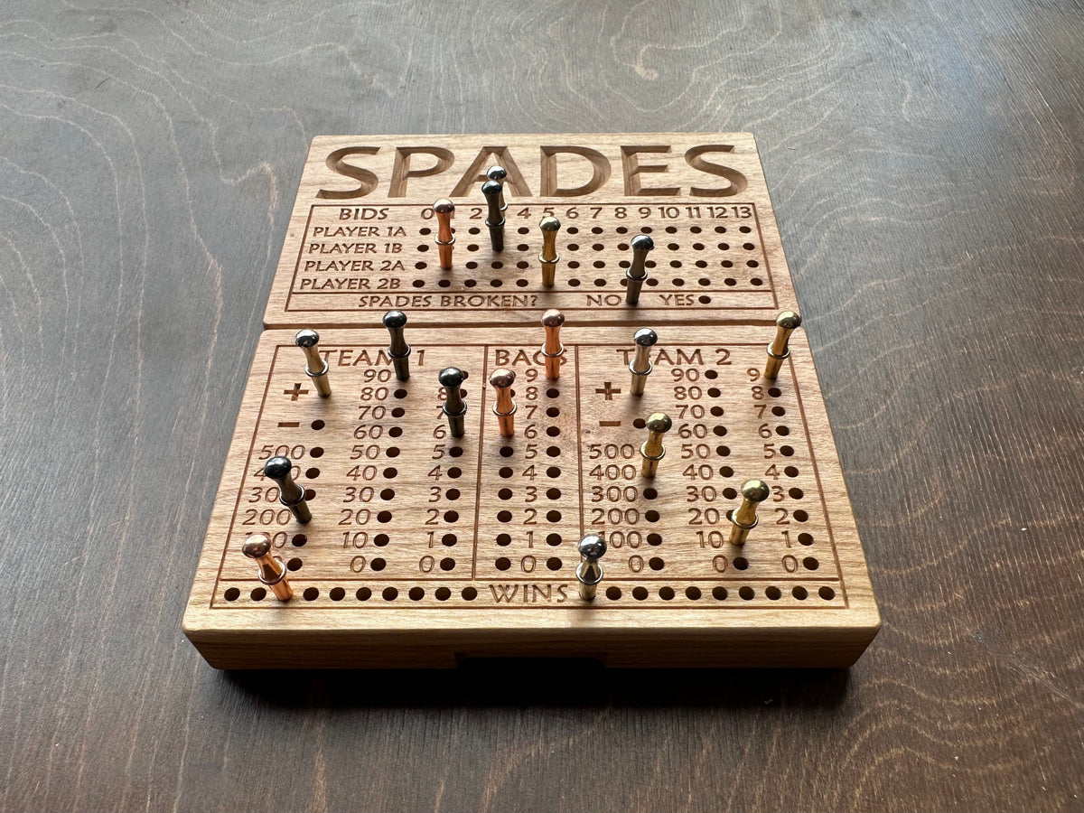 Folding Spades Score Board | Travel Size | Built-in Storage | Metal Pegs | Card Game | Personalized | Custom Engraving | Solid Cherry Wood