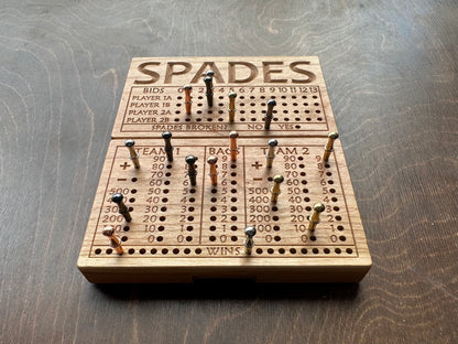 Folding Spades Score Board | Travel Size | Built-in Storage | Metal Pegs | Card Game | Personalized | Custom Engraving | Solid Cherry Wood